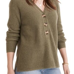 Madewell Khaki V-Neck Sweater with Buttons